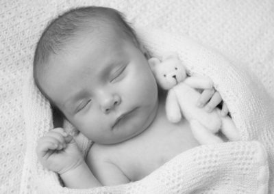 newborn baby in blanket with cuddly toy